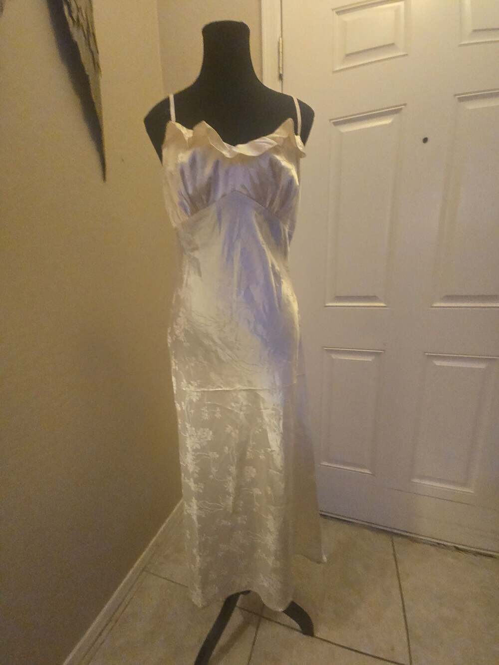 Beige Botany Ivory Floral Jacquard Midi Slip Dress Ruffle Bust Open Back